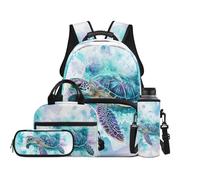 Renewold 4 PCS Kids' Backpacks Set Travel School Backpack Set Sea Turtle Bookbag Student Book Bag with Lunch Box Pencil Bag Water Bottle Sleeve for Primary Middle School Girls Lightweight