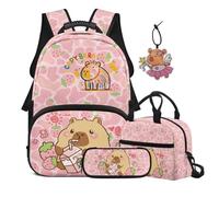 Renewold 4 Pcs Kids Teens Backpack Set Girls Backpack with Insulated Lunch Box Pencil Case Pendant Laptop School Bag Girls Book Bag Cute Capybara Milk Strawberry Primary Middle School Student Bookbag