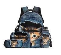 Renewold 4 Pcs School Supplies Kit Kids Backpack Set Primary Middle School Girls Adjustable Strap Bookbag School Bag with Lunch Bag Pencil Case Water Bottle Sleeve for Camp Picnic Sport Cute Denim Cat