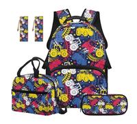 Renewold 5 PCS Backpack Set School Bag Book Bag Colorful Tractor Backpack with Cross-Body Lunch Pouch Multi Compartment Pen Case Bookmark School Supplies for Kids Teens Boys Cartoon
