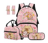 Renewold 5 PCS Backpack Set School Bag Book Bag Cute Capybaras Strawberry Backpack with Cross-Body Lunch Pouch Multi Compartment Pen Case Bookmark School Supplies for Kids Teens Girls Cartoon