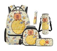 Renewold 5 Pcs Kids Backpack Set Lightweight Large School Bag with Lunch Bag Pencil Case Water Bottle Sleeve Keychain Adjustable Padded Straps for Age 5-15 School Travel Camp Cute Capybara Moon