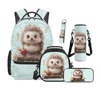 Renewold 5 Pcs Kids Backpack Set Lightweight Large School Bag with Lunch Bag Pencil Case Water Bottle Sleeve Keychain Adjustable Padded Straps for Age 5-15 School Travel Camping Cute Hedgehog Apple