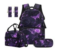 Renewold 5 PCS Kids' Backpacks Set Travel School Backpack Set Butterfly Purple Bookbag Student Book Bag with Lunch Box Pencil Bag Bookmarks for Primary Middle School Girls Lightweight Durable