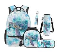 Renewold 5 PCS Kids' Backpacks Set Travel School Backpack Set Sea Turtle Bookbag Student Book Bag with Lunch Box Pencil Bag Water Bottle Sleeve Keychain for Primary Middle School Girls Lightweight
