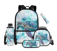 Renewold 5 PCS Kids' Backpacks Set Travel School Girls Backpack Set Bookbag Sea Turtle Student Book Bag with Lunch Box Pencil Bag Water Bottle Sleeve Keychain for Primary Middle School Lightweight