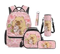 Renewold 5 Pcs Kids Teens Backpack Set Cute Capybara Milk School Bag with Lunch Box Pencil Case Water Bottle Sleeve Primary Middle School Student Bookbag Back Pack Laptop Backpack Girls Schoolbag