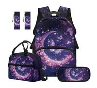 Renewold 5 Pcs Kids Teens Backpack Set Girls Backpack with Insulated Lunch Box Pencil Case Bookmarks Laptop School Bag Girls Book Bag Primary Middle School Student Purple Butterfly Moon Bookbag