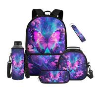 Renewold 5 PCS School Backpack Set Primary Middle Girls Backpack Book Bag Student Bookbag Lunch Box Bag Pen Case Water Bottle Sleeve Keychain for Study Picnic Sport Holiday Purple Butterfly