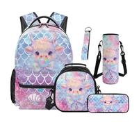 Renewold 5 PCS School Backpack Set Primary Middle Girls Backpack Book Bag Student Bookbag Lunch Box Bag Pen Case Water Bottle Sleeve Keychain for Study Picnic Sport Cute Highland Cow Fish Scales