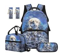 Renewold 5 Pcs School Supplies Kit Kids Backpack Set Moon Wolf Primary Middle School Boys Adjustable Strap Bookbag School Bag with Lunch Bag Pencil Case Bookmarks for Camp Picnic Sport