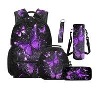 Renewold 5 PCS School Supplies Kit Kids Backpack Set Primary Middle Girls Adjustable Strap School Bag with Lunch Bag Pencil Case Water Bottle Sleeve Purple Butterfly Bookbag for Camp Picnic Sport