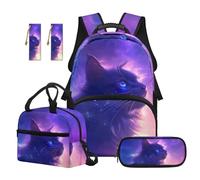 Renewold 5 Pcs School Supplies Kit Kids Backpack Set Primary Middle School Girls Adjustable Strap Bookbag School Bag with Lunch Bag Pencil Case Bookmarks for Camp Picnic Sport Galaxy Starry Sky Cat