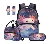 Renewold 5 Pcs School Supplies Kit Kids Backpack Set Primary Middle School Girls Adjustable Strap Bookbag School Bag with Lunch Bag Pencil Case Bookmarks for Camp Picnic Sport Galaxy Axolotl