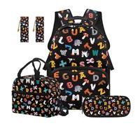 Renewold 5 Piece Girls Backpack Set Large Capacity School Bag Bookbag with Lunch Box Bookmark Pencil Case Multiple Compartments Backpack for Elementary Middle School Student Cartoon Letters