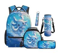 Renewold 5 Piece Girls Backpack Set Large School Bag Cute Blue Axolotl Ocean Bookbag with Lunch Box Water Bottle Cover Pencil Case Multiple Compartments Backpack for Elementary Middle School