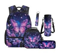 Renewold 5 Piece Kids Backpack Set, Large Capacity School Bag with Lunch Bag Pencil Case Keychain, Purple Butterfly Floral, Adjustable Padded Straps Backpack for Ages 6-12, School Camping Travel