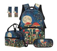 Renewold 5 Piece Kids Backpack Set, Large Capacity School Bag with Lunch Box Pencil Case Bookmarks, Moon Red Mushroom, Adjustable Padded Straps Backpack for Ages 6-12, School Camping Travel