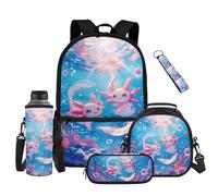 Renewold 5PCS Girls Backpack Set Cute Axolotl Ocean School Bag Book Bag with Lunch Box Pencil Case Water Bottle Sleeve Keychain Kids Teens Schoolbags with Front Pocket Back Pack for Travel Sport