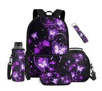Renewold 5pcs Set Girls Backpack Lunch Box Pencil Case Water Bottle Sleeve Keychain Student School Bag Kids Bookbag Purple Butterfly Flower Backpack Travel Bag Daypack for Middle Elementary School