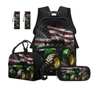 Renewold American Flag Tractor Boys Backpack 5 PCS Set School Backpack with Lunch Box Pencil Bag Bookmark Lightweight Adjustable Strap Bookbag for Elementary Middle School for Athletic Trip Gym Beach