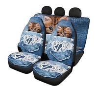 Renewold Automotive Full Set Seat Covers, Denim Pocket Tabby Cat Print Seat Cover, Non-slip Front Bucket Seat Cover and Rear Split Bench Cover Car Decor for Women