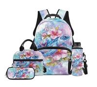 Renewold Backpack for Kids Teens 4PCS Set Travel School Backpack for Girls Lightweight Multi-Pocket Bookbag with Lunch Box Pencil Case Sea Turtle Hibiscus Elementary Middle School Supplies Kit