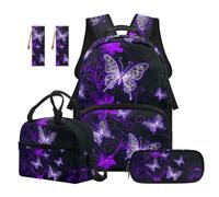 Renewold Backpack for Kids Teens 5PCS Set Travel School Backpack for Girls Lightweight Multi-Pocket Bookbag with Lunch Box Pencil Case Elementary Middle School Supplies Kit Purple Butterfly