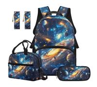Renewold Blue Galaxy Planet Backpack Set Travel School Backpack Gift for Kids Teens Boys School Book Bag Bookbag Lunch Box Pencil Case Bookmark 5pcs for Primary Middle Student Lightweight