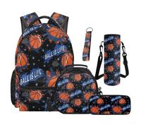 Renewold Boy School Backpack Set Travel Casual Backpacks Bookbag with Side Pocket Book Bag Lunch Box Pencil Case Water Bottle Bag Keychain 5 Pcs for Primary Middle School Student Basketball