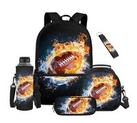 Renewold Boy School Backpack Set Travel Casual Backpacks Bookbag with Side Pocket Book Bag Lunch Box Pencil Case Water Bottle Bag Keychain 5 Pcs for Primary Middle School Student Football Flame