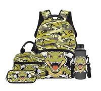 Renewold Boy School Backpack Set Travel Casual Backpacks School Bag Green Dinosaur Bookbag with Side Pocket Book Bag Lunch Box Pencil Case Water Bottle Sleeve 4 Pcs for Primary Middle School