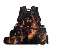 Renewold Boy School Backpack Set Travel Casual Backpacks School Bag Wolf Flame Bookbag with Side Pocket Book Bag Lunch Box Pencil Case Water Bottle Sleeve 4 Pcs for Primary Middle School