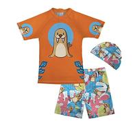 Renewold Boys Swimsuits Rash Guard Bathing Suit Short Sleeve Swim Sets 3 Piece Swimwear with Cap for Boys Kids Summer Beach Sunsuit Seal Animal Size 5-14 Years