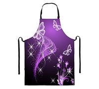 Renewold Butterfly Purple Long Apron, Waterproof Kitchen Aprons with Pockets, Plus Size with Adjustable Neck Strap Long Ties for Halloween Christmas Cooking Baking Painting