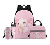 Renewold Cute Axolotl Backpack School Set 4Pcs Insulated Water Bottle Portable Lunch Bag Water Bottle Holder with Strap Girls Backpacks Ages 6-18 Sports Bookbag Back Pack
