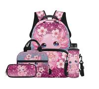 Renewold Cute Axolotl Donut Girls Kids Backpack 4 PCS Set, Lightweight Durable School Bag with Lunch Bag Pencil Pouch, Adjustable Padded Straps for Elementary Middle School, for Birthday Christmas