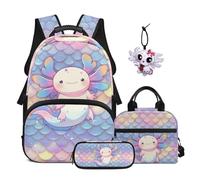Renewold Cute Axolotl Fish Scales School Bag Set Backpack for Kids Teens Girls Set 4 in 1 Back to School Supplies Bookbag Insulated Lunch Tote Bag Pencil Case Pendant for Birthday Holiday Graduation
