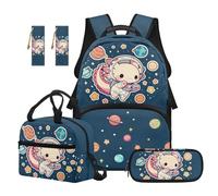 Renewold Cute Axolotl Galaxy Planet Girls Backpack 5 PCS Set School Backpack with Lunch Box Pencil Bag Bookmark Lightweight Adjustable Strap Bookbag for Elementary Middle School for Camp Athletic Trip