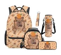 Renewold Cute Capybara 5 Piece Girls Backpack Set, Large Capacity Multi-Pocket School Bookbag with Lunch Bag and Water Bottle Sleeve, Adjustable Shoulder Straps School Backpack, Travel Camp Beach