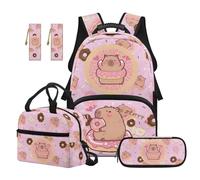 Renewold Cute Capybara Donut School Bag Set Backpack for Kids Teens Girls Set 5 in 1 Back to School Supplies Bookbag Insulated Lunch Tote Bag Pencil Case Bookmarks for Birthday Holiday Graduation