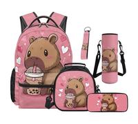 Renewold Cute Capybara Drink Pattern Girls School Book Bag Kids Teens Junior Backpack Set 5 in 1 Daypack with Portable Lunchbox Zipper Pencil Cases Water Bottle Cover for Back to School Daily Travel