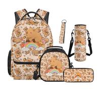 Renewold Cute Capybara Girls Backpack 5pcs Set Sport Travel School Bag Backpack with Adjustable Padded Strap Bookbag for Kids Teens Back Packs with Lunch Bags Tote Pencil Case Water Bottle Sleeve