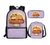 Renewold Cute Capybara Kids Backpack Set Girls 3 PCS Kids Backpack with Lunch Box Pencil Case Large Capacity Bookbag Casual Daypack for Elementary School Students