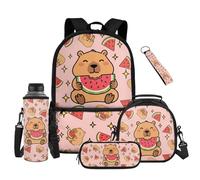 Renewold Cute Capybara Kids Teens Backpack Set 5 Piece Girls School Backpack with Lunch Box Pencil Case Water Bottle Sleeve Keychain Adjustable Padded Strap School Bag Large for School Travel Sport
