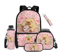 Renewold Cute Capybara Milk Backpack for Girls Kids Teens School Bag Bookbag Set Primary Middle School Student Backpack with Insulated Lunch Box Bag Pencil Case Water Bottle Bag Keychain 5 Pcs