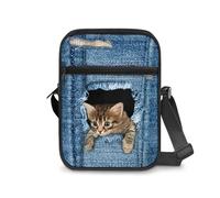 Renewold Cute Denim Cat Print Crossbody Bag Messenger Bag Cell Phone Purses Satchel Handbags Shoulder Bag Adjustable Shoulder Strap for Women Men Boys Girls