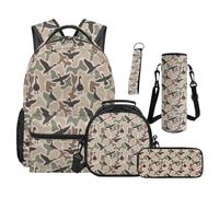 Renewold Duck Hunter Camo Boys Backpack School Bag Reusable Insulated Lunch Box Pencil Case Water Bottle Sleeve Keychain 5 PCS Set Kids Teens Bookbag School Supplies Travel Athletic
