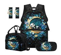 Renewold Floral Panda Moon Girls Backpack 5 PCS Set School Backpack with Lunch Box Pencil Bag Bookmark Lightweight Adjustable Strap Bookbag for Elementary Middle School for Camp Athletic Travel