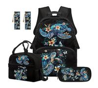 Renewold Girls Backpack 5PCS School Bag Set Backpack with Lunch Box Pencil Bag Large Personalized Tropical Flower Sea Turtle Elementary Middle Student Bookbag for Camping Picnic Trips 17 inch